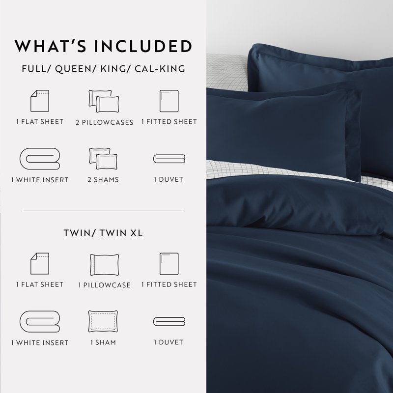 Full Navy 8-Piece Solid Duvet Cover Bedding Set with Comforter & Sheets