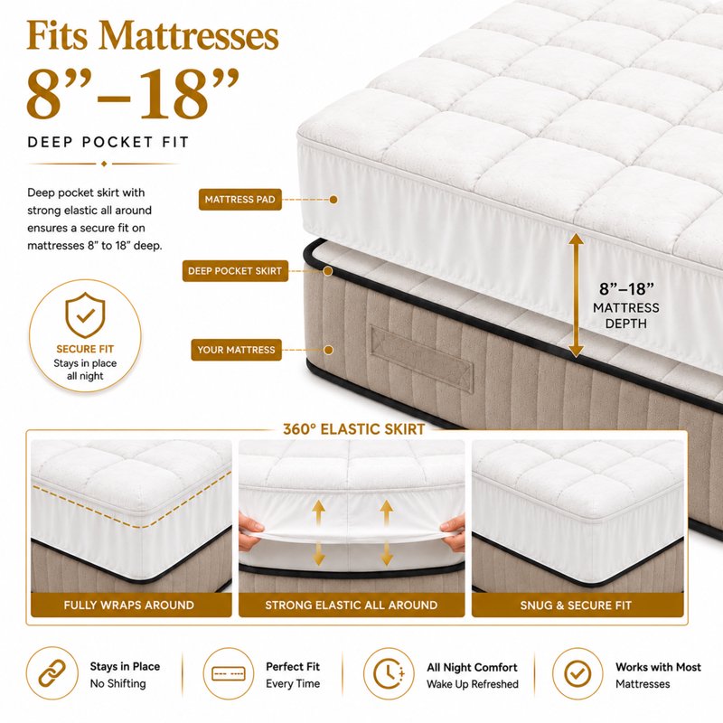 Full Size 3-Inch Quilted Mattress Pad - Breathable Cooling Mattress Protector with 18" Deep Pocket - White