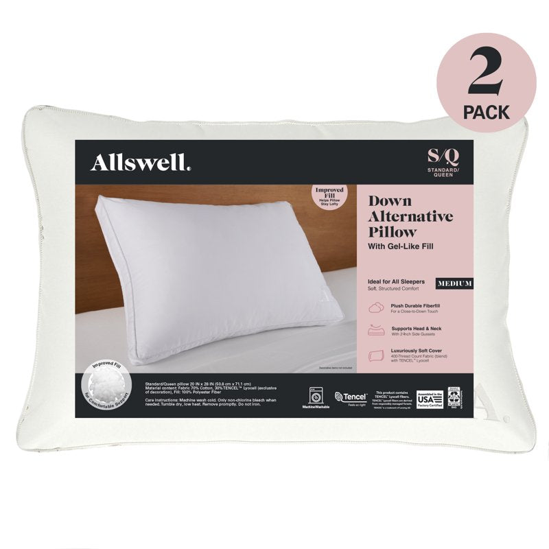 (4 Pack) Allswell Down Alternative Bed Pillows - Standard/Queen, Medium Firmness, Support for All Positions