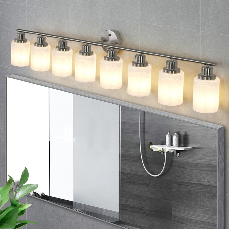 Modern 52-Inch 8-Light Vanity Wall Sconce - Brushed Nickel with Frosted Glass Shades - No Bulbs Included - Variation: Brushed Nickel, 8