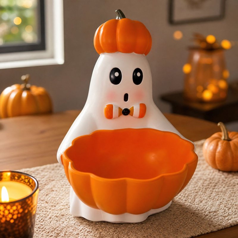 Halloween Ghost Candy Bowl with Pumpkin Hat - 017 Variation - Resin Spooky Party Decor