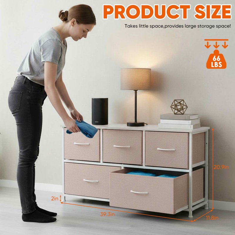 Fabric Drawer Nightstand with Wooden Top - 5 Drawer Pink