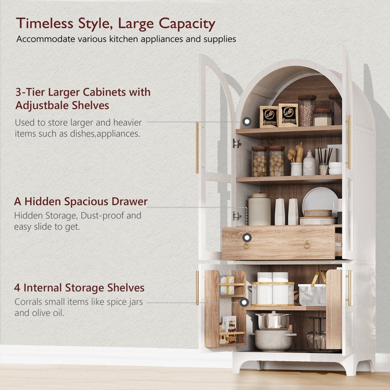 71” Arched Kitchen Pantry Cabinet with Glass-Enclosed Top Shelf