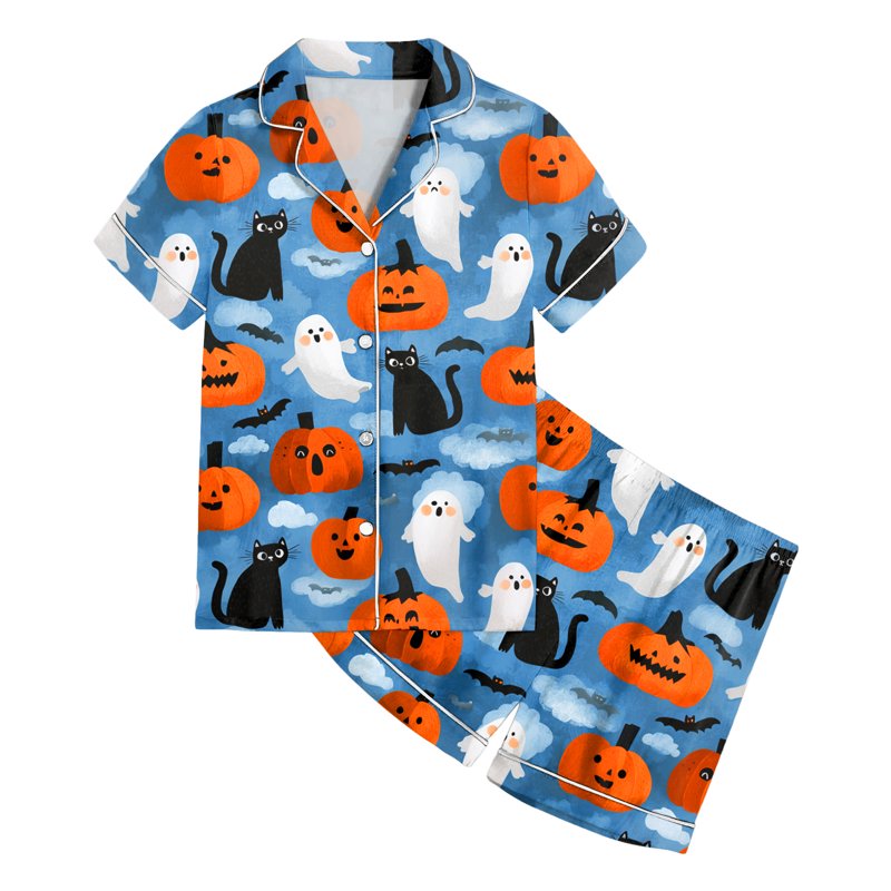 Girls Satin Pajama Set Halloween Pumpkin Print Shorts 2 Piece Sleepwear Z02 Sky Blue 4-5 Years