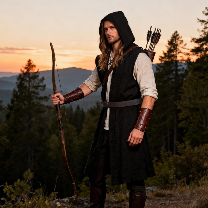 Men's Medieval Viking Costume Set Black XL - Hooded Sleeveless Robe with Belt for Halloween