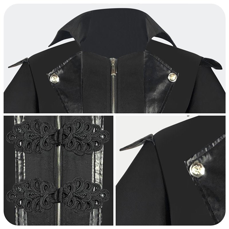 Mens Steampunk Trench Coat Long Gothic Vintage Leather Lapel 3XL - Black