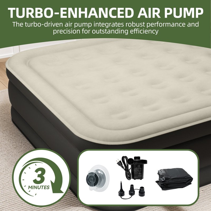 Gray Queen Size Air Mattress with Built-In Headboard & Pump - 18in Deluxe Flocked Top