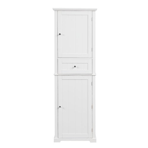 White Tall Bathroom Storage Cabinet with Drawer and Adjustable Shelves - Freestanding