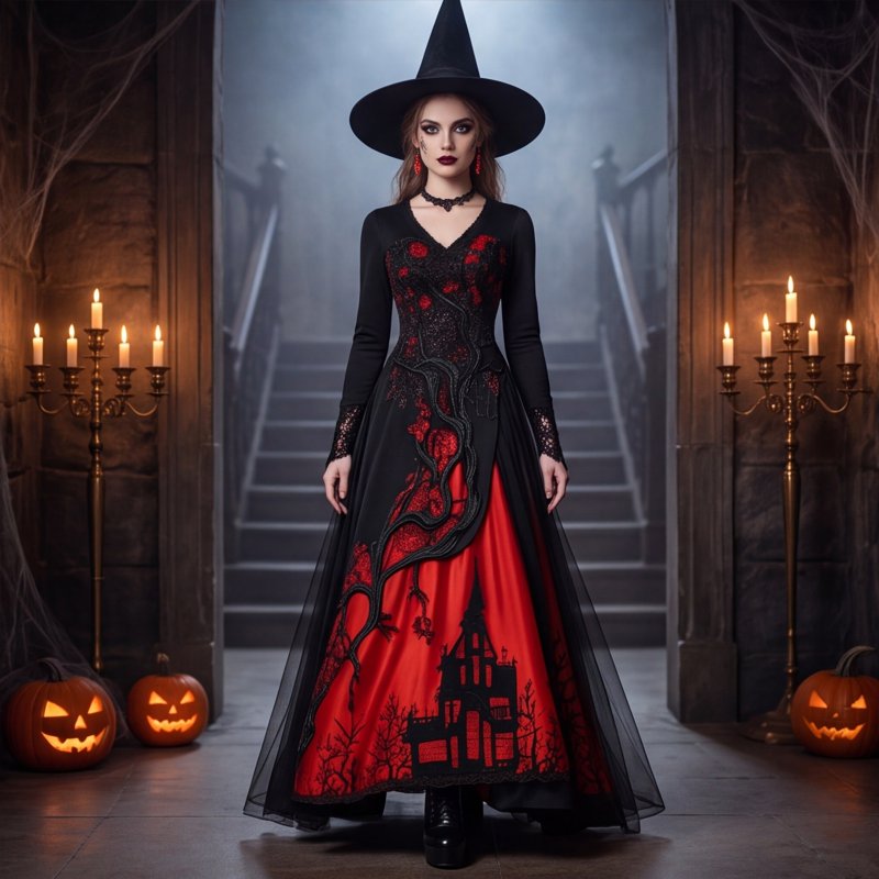 Women's Gothic Halloween Dress - Red S Tree Thorn Pattern Maxi Costume
