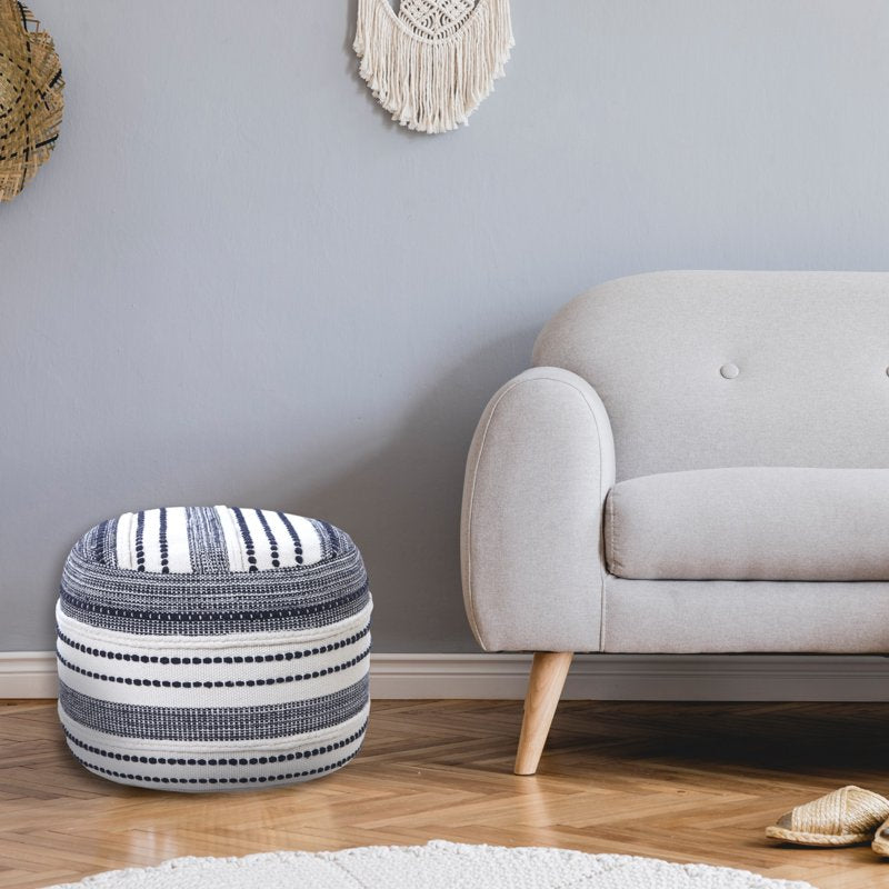 Navy Blue Indoor Pouf Ottoman - 14x18 Inch Round Cushions for Living Room & Bedroom - Sturdy Cotton, Supportive EPS Filling, Handcrafted