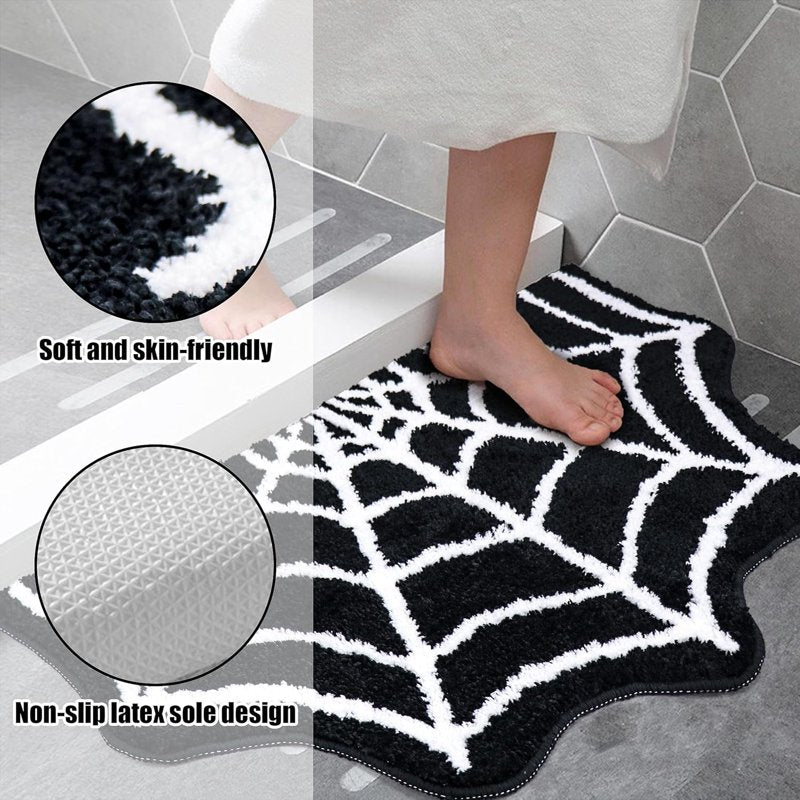 Halloween Spider Web Bath Mat Black Gothic Non-Slip Rug 24x16 Inches - Variation 2A