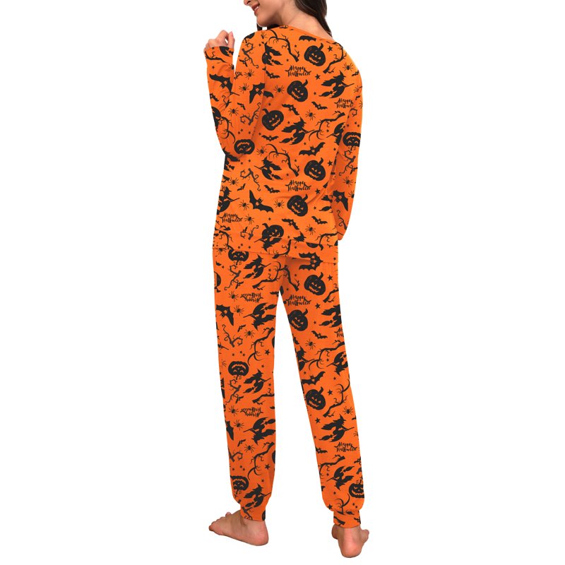 Halloween Womens Pajama Set Long Sleeve Sleepwear Lounge Sets with Pockets - Yellow Pumpkin Witch, L