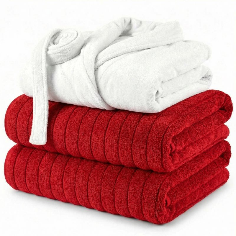 Red Spa Bath Set - Plush Bathrobe & 2 Ribbed Towels, Small - Hotel Quality