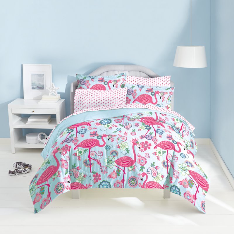 Twin Flamingo Comforter Set for Kids - Pink Microfiber Bedding with Reversible Design