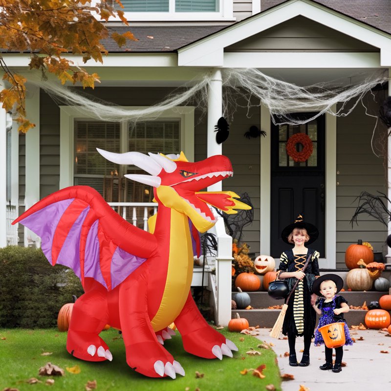 6FT Halloween Fire Dragon Inflatable Decoration with Built-in LED Lights Outdoor