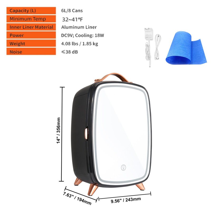 6L Mini Fridge with HD Makeup Mirror & LED Lights - Portable Skincare Cooler