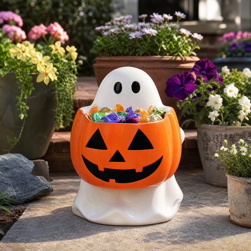 Halloween Ghost Pumpkin Candy Bowl - Cute Resin Figurine with Jack O Lantern - Variation #030