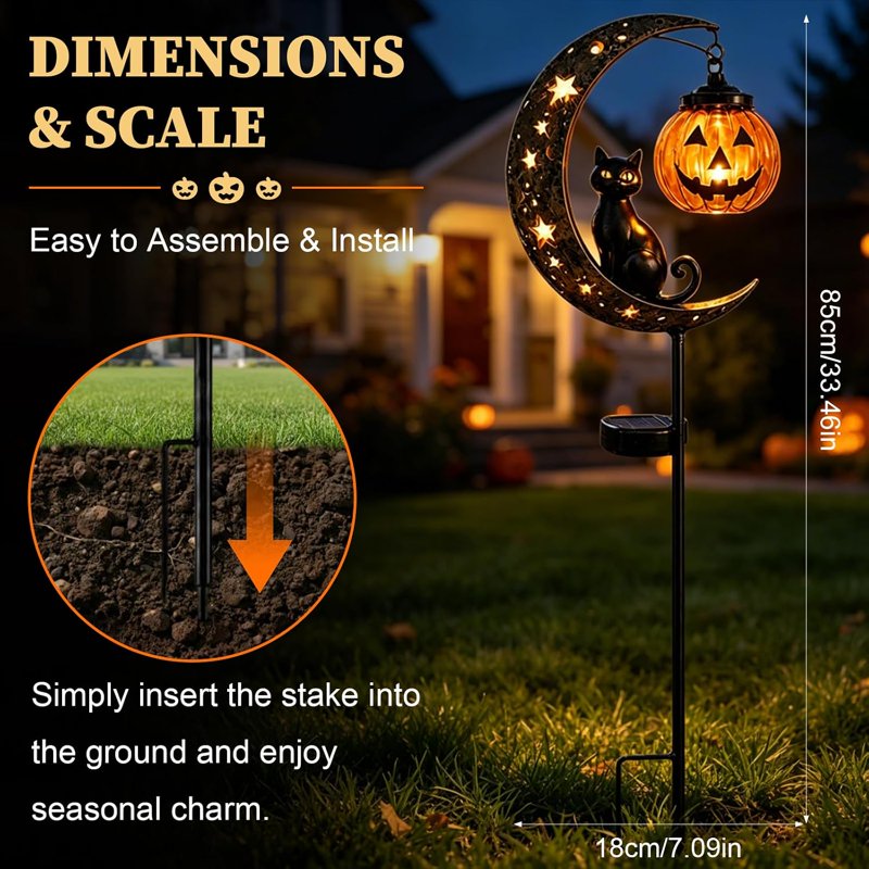 Solar Halloween Black Cat & Pumpkin Moon Garden Stake Light - Waterproof Metal Yard Decor - Variation B