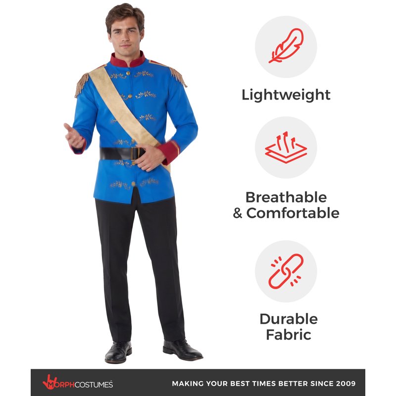 Men's Prince Charming Costume with Jacket, Sash & Belt - Royal Blue & Gold