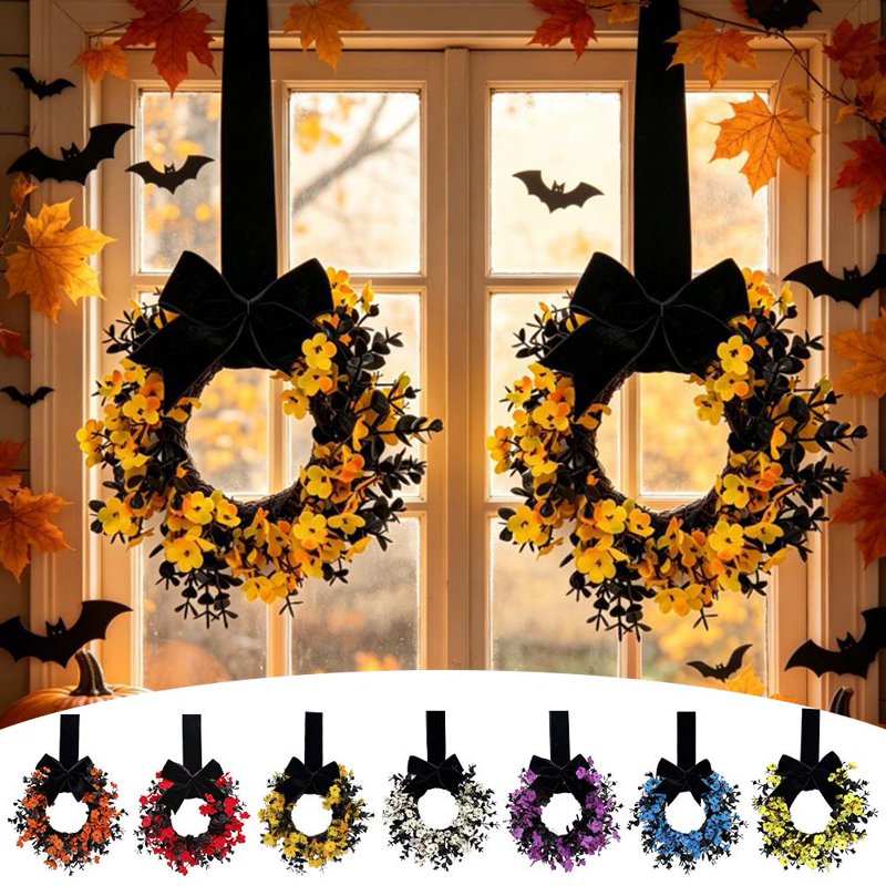 Mini Halloween Wreath - Orange Gothic Decor, 8.6 Inch Artificial Grapevine with Velvet Bow