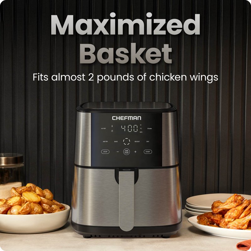 6 Quart Stainless Steel Air Fryer with Touch Controls & 4 Cooking Functions