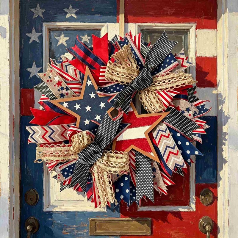 4th of July Patriotic Wreath - Red White Blue Independence Day Front Door Decor - Variation 0A