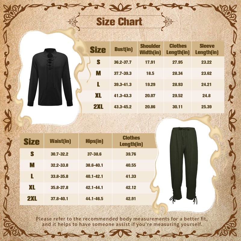 Men's Medieval Pirate Costume Set - Renaissance Shirt & Ankle Banded Pants, Halloween Cosplay, XL