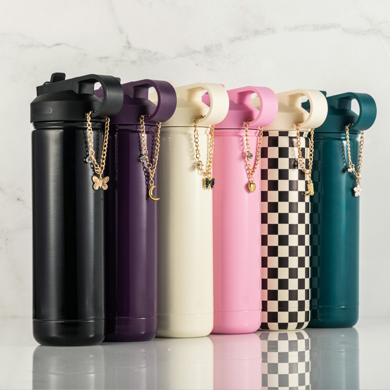 26 oz Water Bottle with Straw Lid - Black Gloss with Butterfly Charm