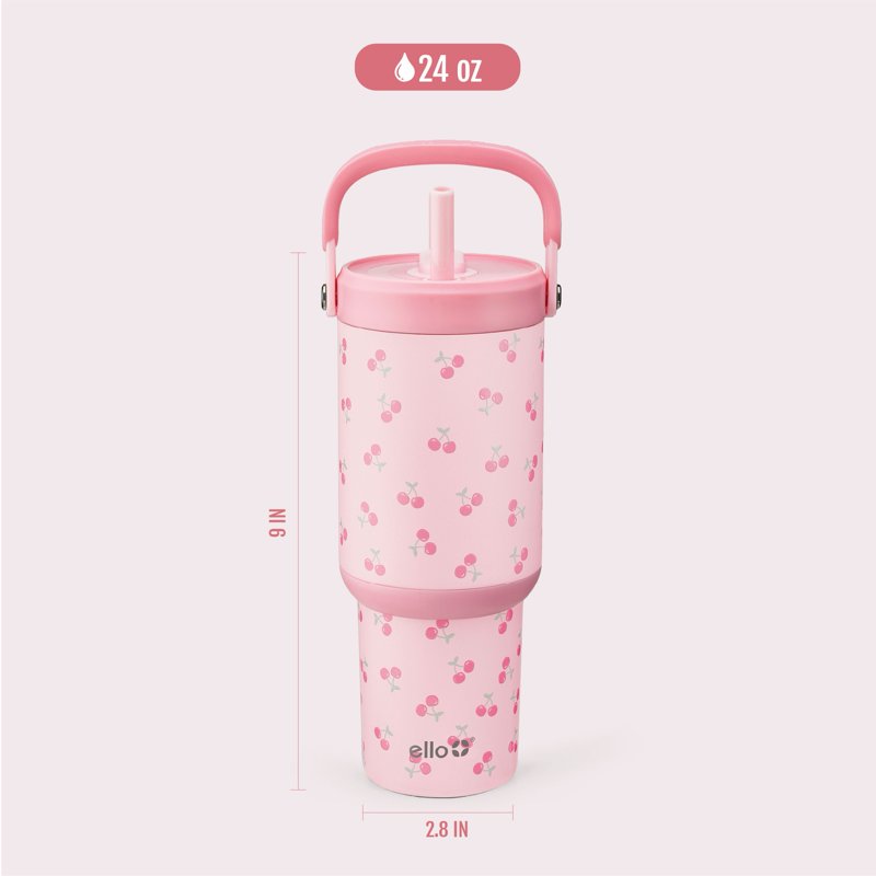 24oz Stainless Steel Tumbler with Retracting Straw - Pink Cherries