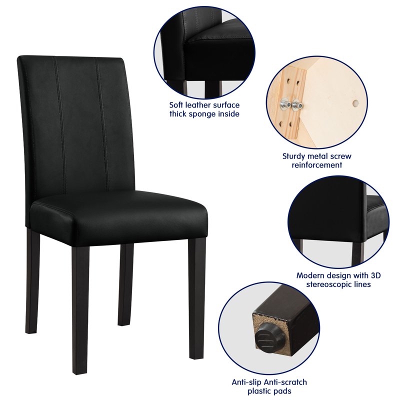 Faux Leather Dining Chair Set of 2 - Modern Mid-Century - Black