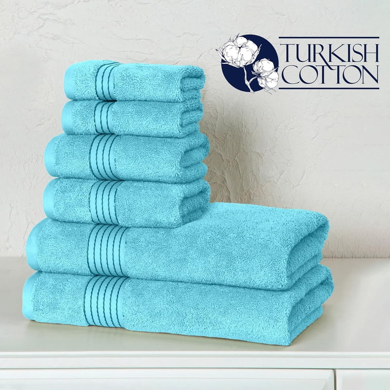 Aqua Turkish Cotton Towel Set - 6 Piece Bath & Hand Towels + Washcloths