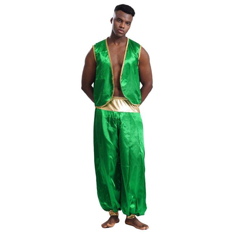 Mens Arabian Prince Costume Open Front Vest and Pants Set — Green & Green, Medium