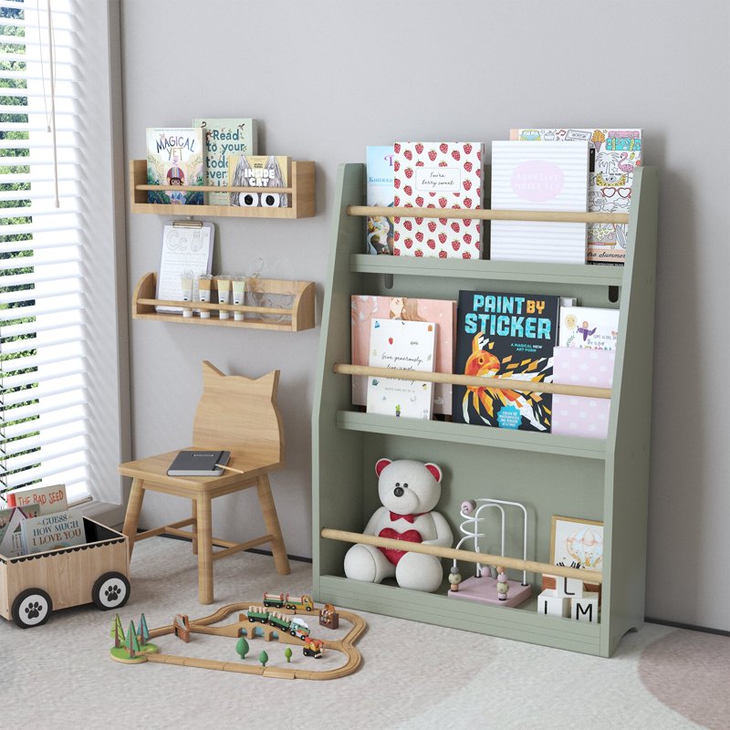 Kids 3-Tier Bookcase with Wood Rails - Children's Bookshelf