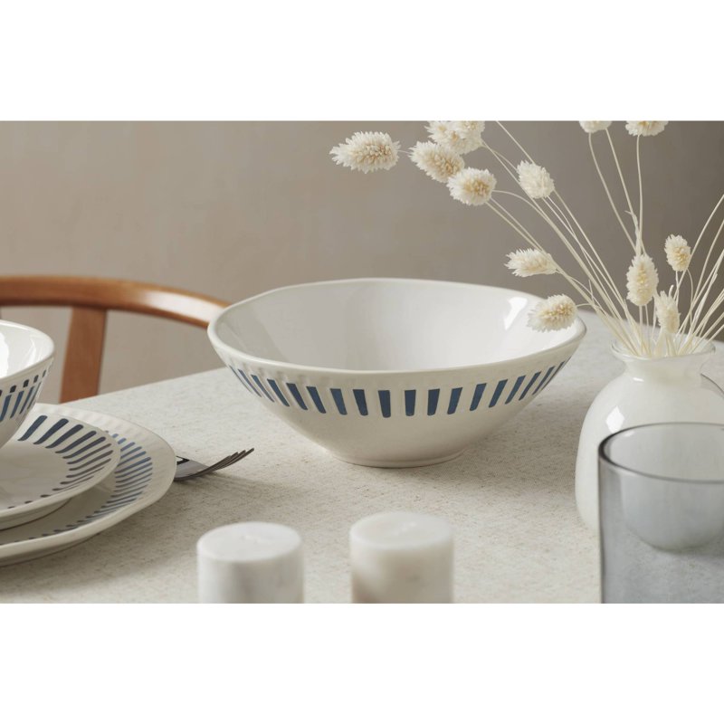 48 Oz Round White Stoneware Serving Bowl - Artisanal Stripe