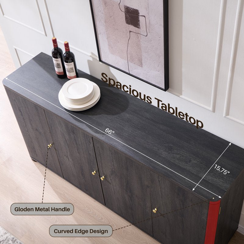 66" Curved Kitchen Sideboard Cabinet - Modern Buffet - Grey