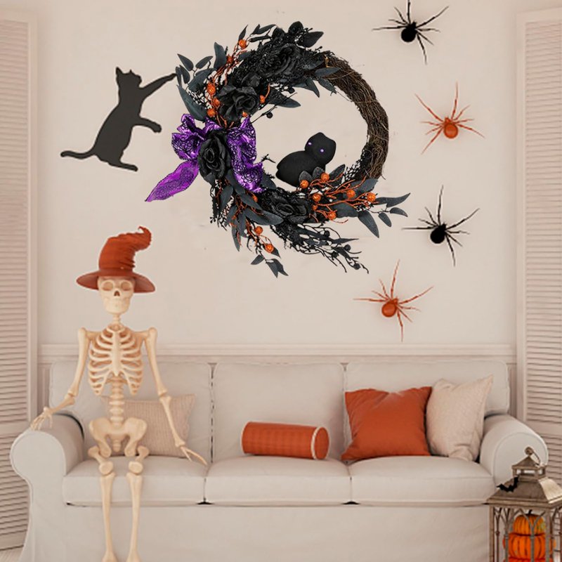 20-Inch Prelit Halloween Wreath with Purple Lights, Spooky Door Decor