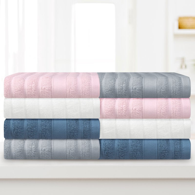 Cotton Hand Towels Set - Striped Pattern, Quick-Drying, 14x30 Inches, Grey Pink - Unique Bargains