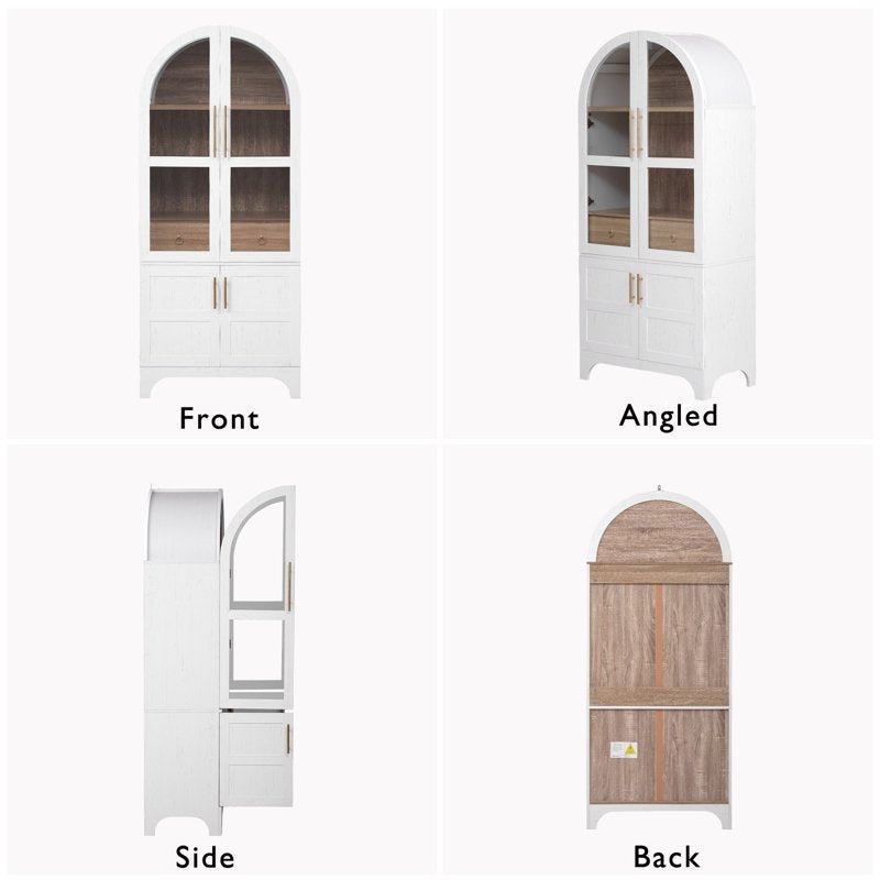 71” Arched Kitchen Pantry Cabinet with Glass-Enclosed Top Shelf