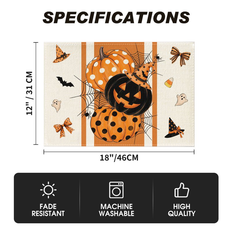 Halloween Placemats Set of 4 - Orange Pumpkin Ghost Bat Spider Web 12x18 C