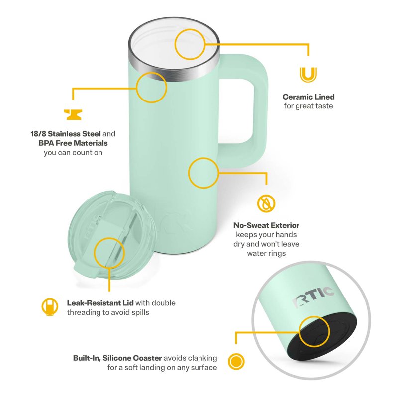 20 oz Insulated Travel Mug - Ceramic Lined, Leak-Resistant, Fresh Mint