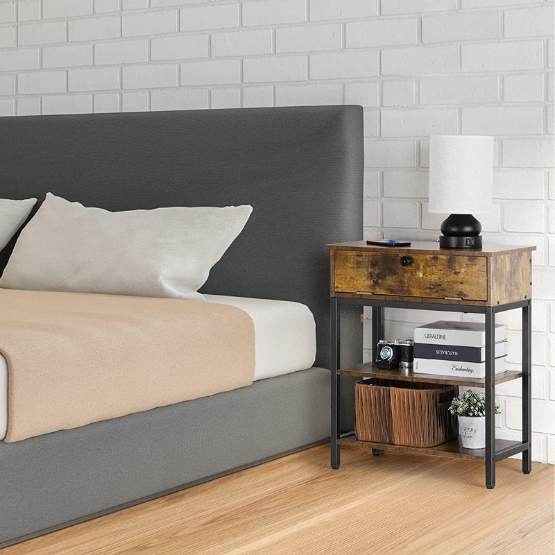 End Table with Charging Station and Drawer - Brown
