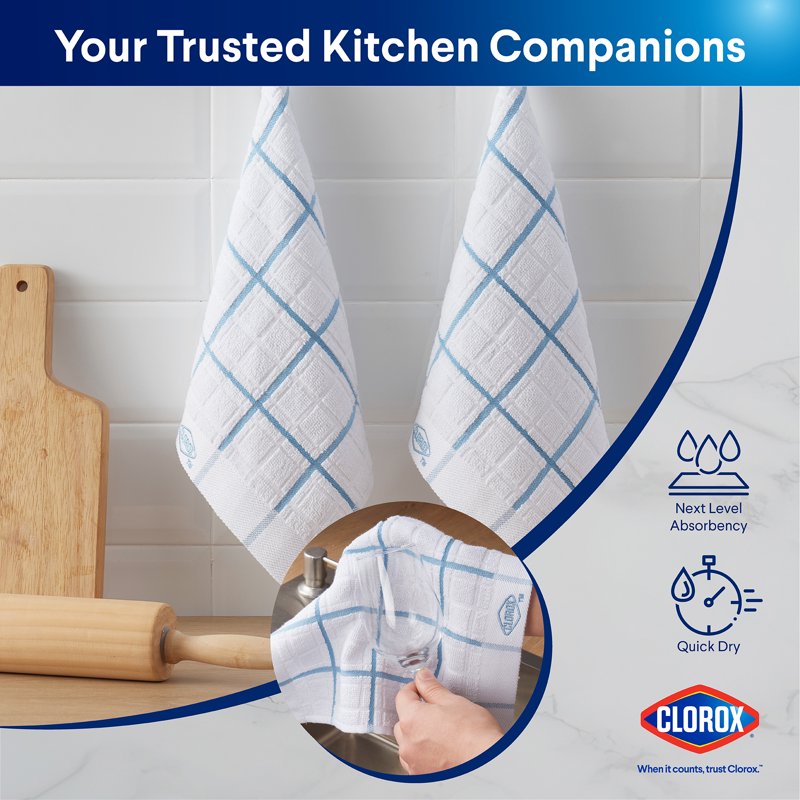 Clorox Cotton Dish Cloths 2 Pack - Highly Absorbent 12" x 12" Blue