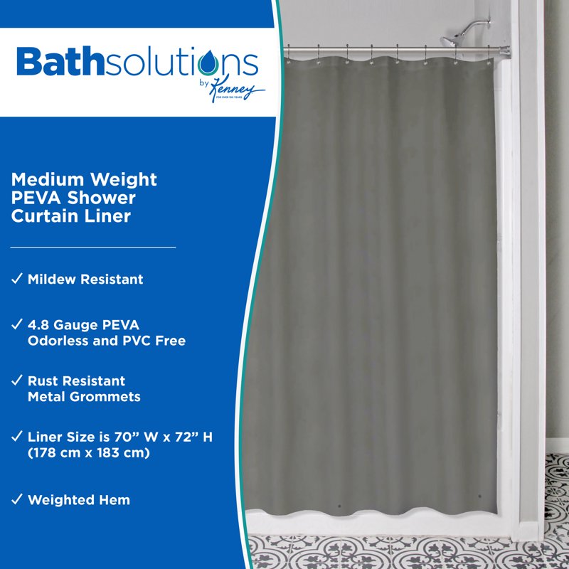 Kenney Medium Weight PEVA Shower Curtain Liner 70x72 Inches, Gray, Waterproof & Odorless