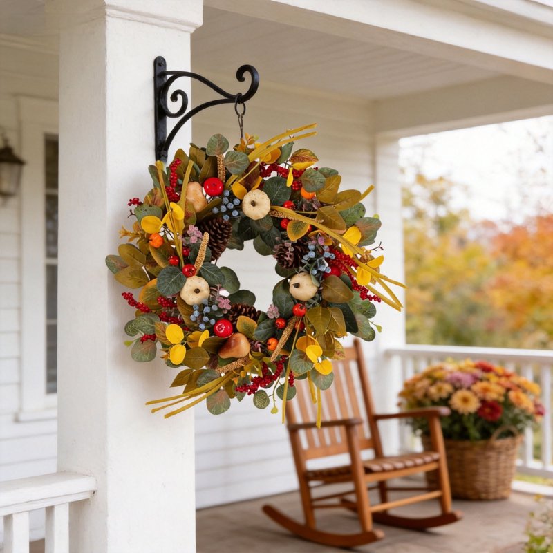 Thanksgiving Wreath Artificial Pumpkin Maple Leaf Pinecone Fall Door Decor - O