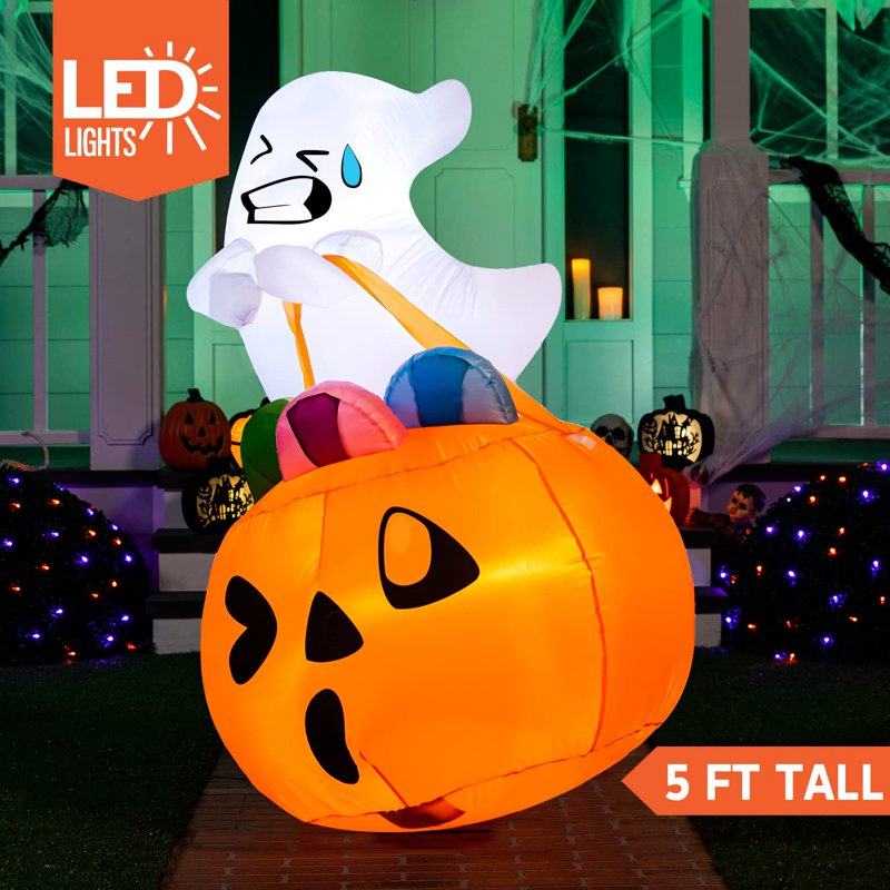 Joyfy 5ft Halloween Inflatable Ghost with Pumpkin & LED Lights - Yard Decor, Ghost Lift Pumpkin