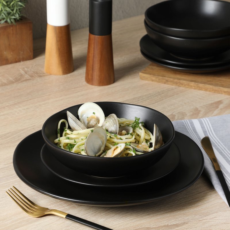 Matte Black Stoneware Dinnerware Set - 12-Piece