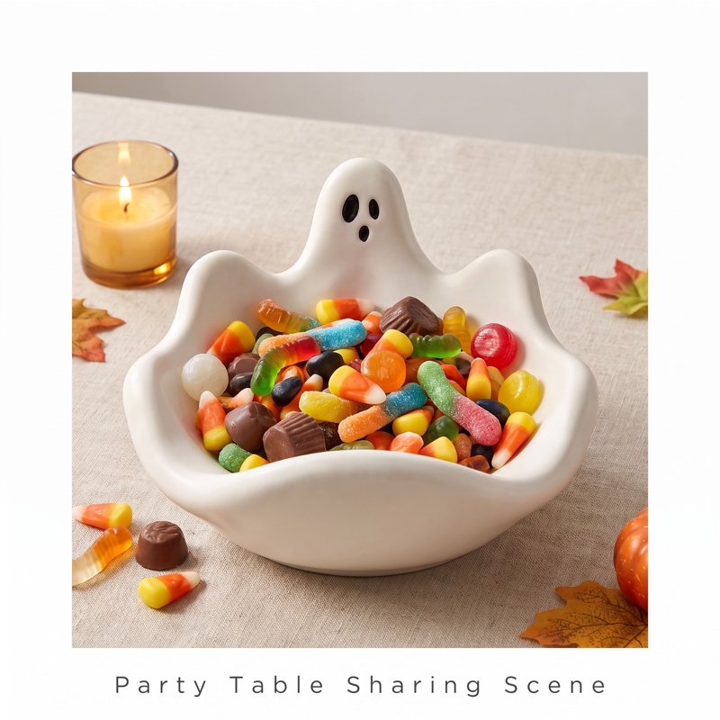 Ghost Candy Bowl - Cute White Resin Halloween Candy Dish for Snacks & Decor - Variation #011