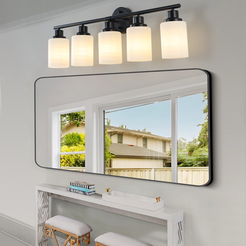Black 31-Inch Modern 5-Light Vanity Bathroom Wall Sconce - Frosted Glass, E26