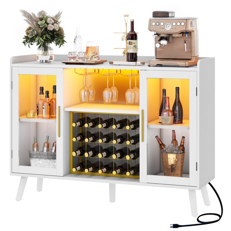 Wine Bar Cabinet with Power Outlet & RGB LED Light - White