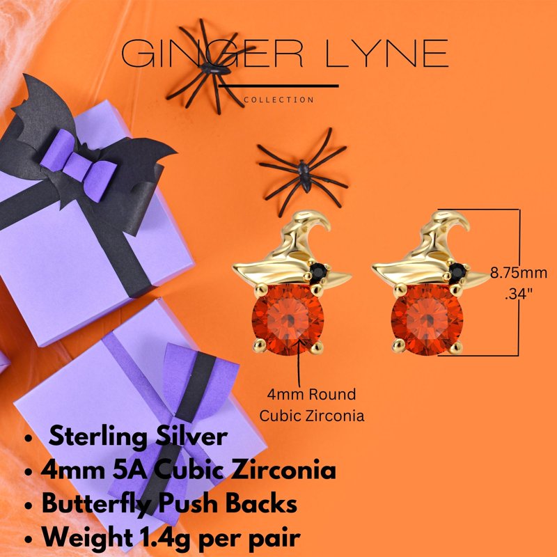 Halloween Witch Hat Earrings for Women - Orange CZ Stud Silver 14K Gold Plated